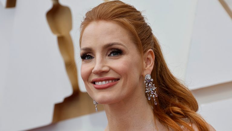Best Actress nominee Jessica Chastain poses on the red carpet during the Oscars arrivals at the 94th Academy Awards in Hollywood, Los Angeles, California, U.S., March 27, 2022. REUTERS/Eric Gaillard