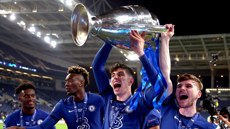 Chelsea&#39;s Kai Havertz seen lifting the UEFA Champions League trophy