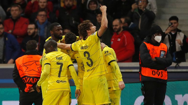 Chelsea players celebrate victory over Lille in their Champions League tie Pic: AP