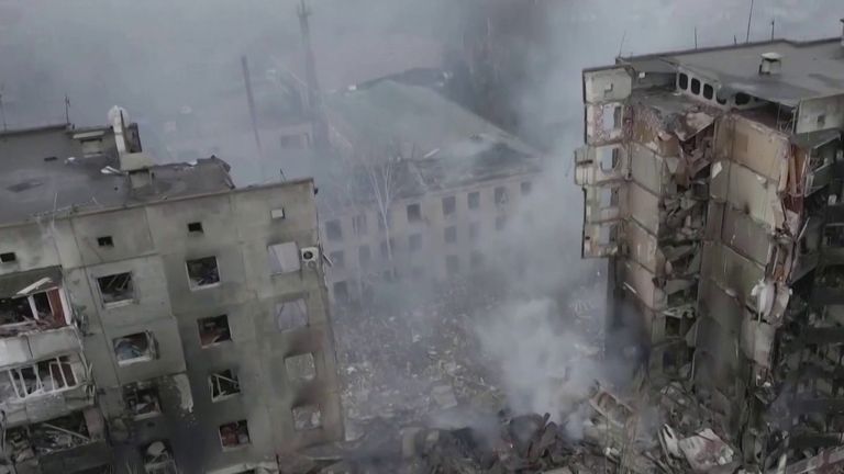 Drone shows the destruction from the Russian invasion in Chernihiv Ukraine