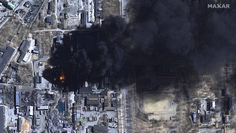 A satellite image shows closer multispectral image of burning oil storage tanks in Chernihiv, Ukraine, March 21, 2022. Pic: ©2022 Maxar Technologies