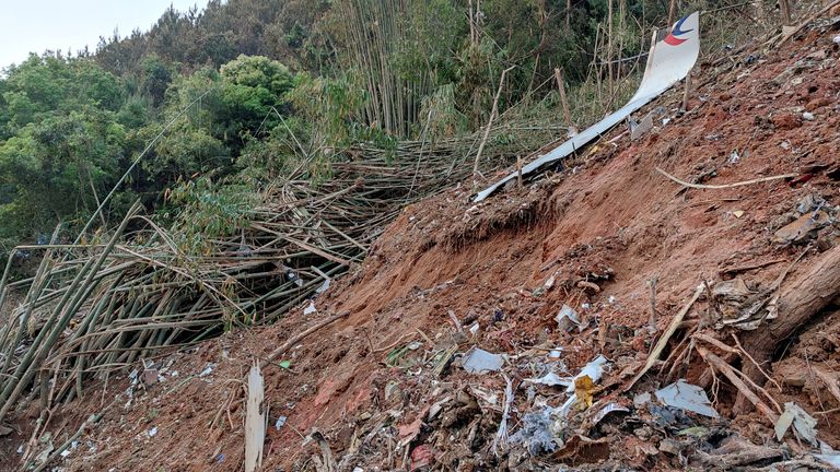 Plane debris is seen at the site where a China Eastern Airlines Boeing 737-800 plane flying from Kunming to Guangzhou crashed, in Wuzhou, Guangxi Zhuang Autonomous Region, China March 21, 2022