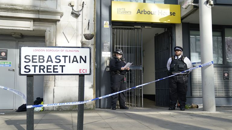 Police at the scene in Sebastian Street, Clerkenwell, London, where a investigation has been launched following the death of a 19-year-old woman