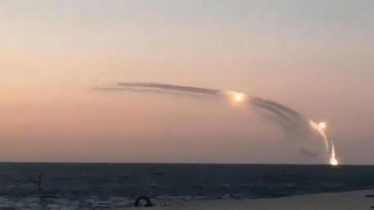 Sky News has verified and located this footage to Sevastopol, Crimea. The video shows a volley of missiles being launched from a boat.