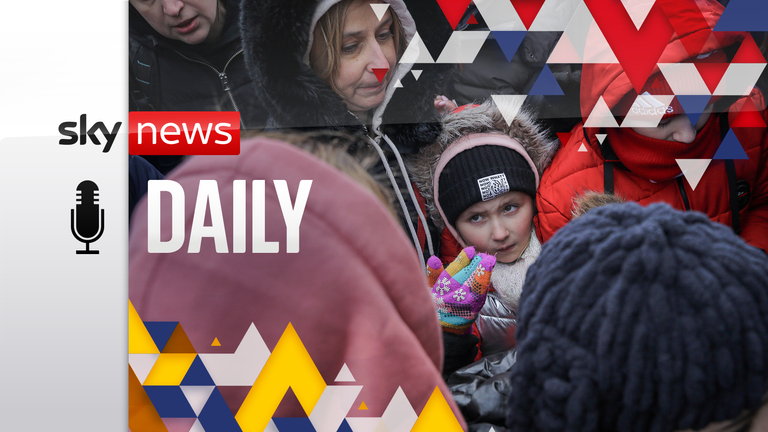 People who left Ukraine, wait for a bus to take them to the train station in Przemysl, at the border crossing in Medyka, Poland, Friday, March 4, 2022.