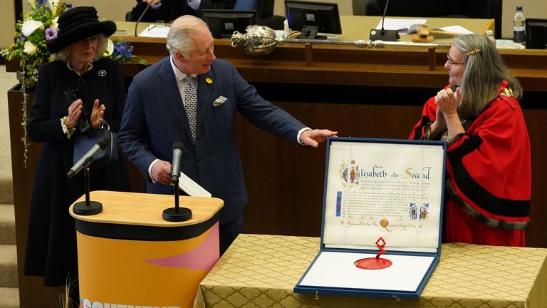 The Prince of Wales accompanied by the Duchess of Cornwall, addresses members of the council, guests and family members of the late Sir David Amess, in the council chamber at the Civic Centre in Southend-on-Sea, as he formally present a &#39;Letters Patent&#39; on behalf of the Queen and makes a short speech to mark the conferral of City status on Southend-on-Sea. Picture date: Tuesday March 1, 2022.
