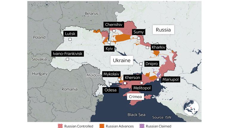 This map shows the advances made by Russia on Day 19 of the war