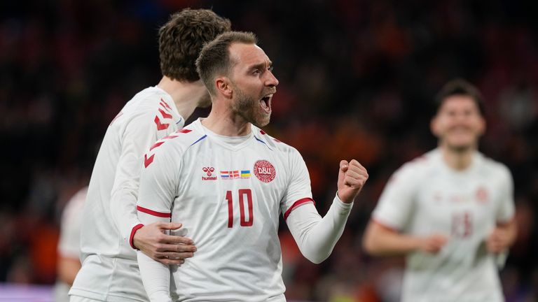 Eriksen celebrates scoring his side&#39;s second goal during the international friendly soccer match. Pic: AP