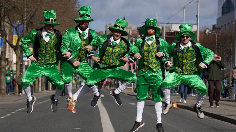 People in high spirits celebrating St Patrick&#39;s Day in Dublin
