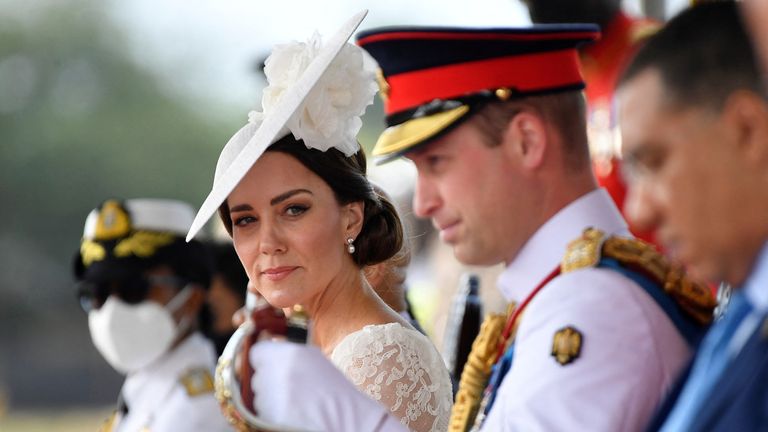 Britain&#39;s Prince William and Catherine, Duchess of Cambridge attend the inaugural Commissioning Parade for service personnel completing the Caribbean Military Academy&#39;s Officer Training Programme, on the sixth day of their tour of the Caribbean, Kingston, Jamaica, March 24, 2022. REUTERS/Toby Melville
