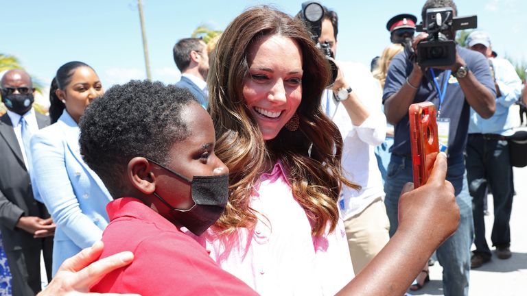 The Duchess of Cambridge posing for a selfie in Abaco