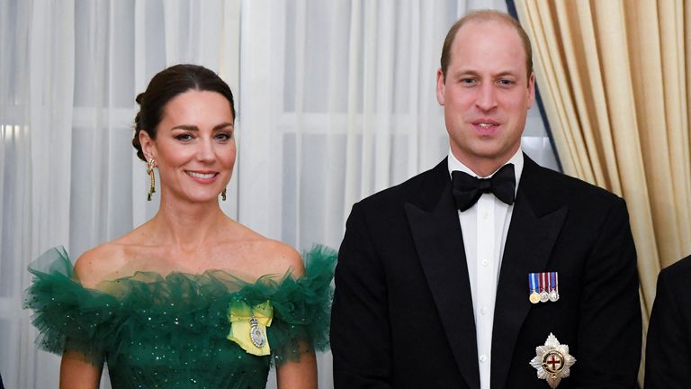 The Duke and Duchess of Cambridge during a dinner hosted by Patrick Allen, Governor General of Jamaica, at King&#39;s House, in Kingston, Jamaica, on day five of the royal tour of the Caribbean on behalf of the Queen to mark her Platinum Jubilee. Picture date: Wednesday March 23, 2022.
