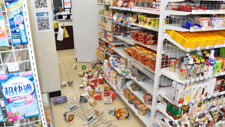 Products are scattered at a convenience store in Fukushima, northern Japan Wednesday, March 16, 2022, following an earthquake. A powerful earthquake shook off the coast of Fukushima in northern Japan on Wednesday, triggering a tsunami advisory. (Kyodo News via AP)
PIC:AP



.................