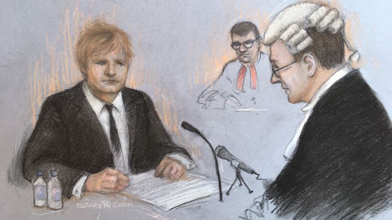 Croquis de la cour d'Ed Sheeran alors qu'il témoigne devant la Haute Cour.  Photo : Elizabeth Cook/PA