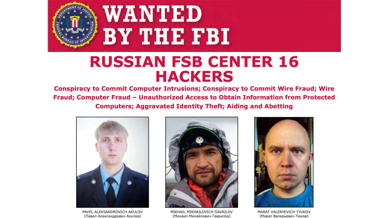 The FBI has released a wanted posted featuring the images of three alleged Russian intelligence hackers