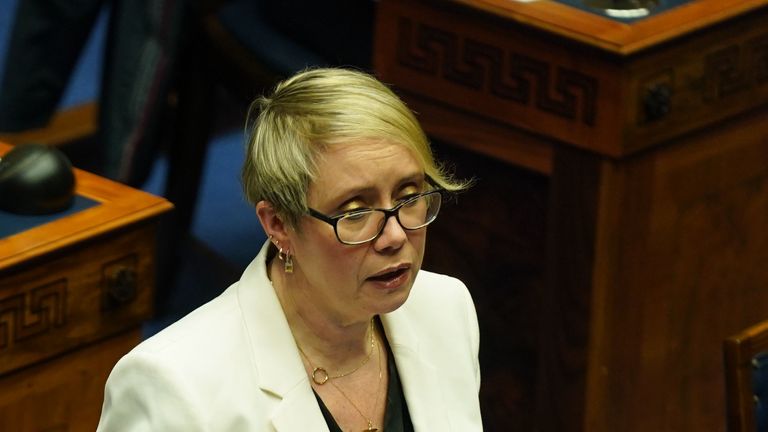 Commissioner for Victims and Survivors of Institutional Childhood Abuse Fiona Ryan speaks in the Northern Ireland Assembly chamber at Stormont during the delivery of the long-awaited public apology to the victims of historical institutional abuse. The public apology was recommended in the final report of the Historical Institutional Abuse Inquiry (HIAI), which was published more than five years ago. Picture date: Friday March 11, 2022.
