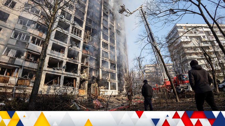 Firefighters work to put out a fire in a residential apartment building after it was hit by shelling as Russia&#39;s invasion of Ukraine continues, in Kyiv, Ukraine, March 15, 2022. REUTERS/Marko Djurica