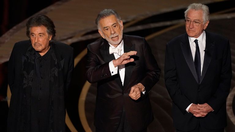 (R-L) Al Pacino, Francis Ford Coppola and and Robert De Niro reunited. Pic: AP