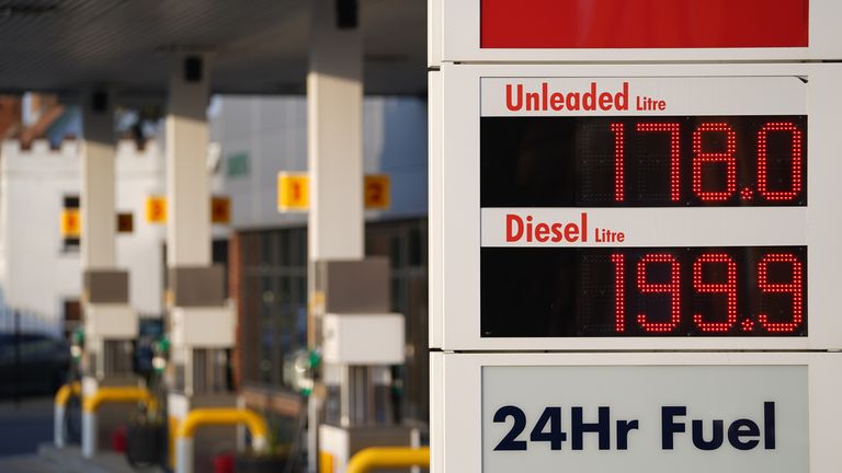 A notice board showing unleaded petrol prices at 178.0 per liter and diesel prices at 199.9 per liter at a petrol station in Long Stratton, Norfolk.  Picture date: Thursday March 10, 2022.
