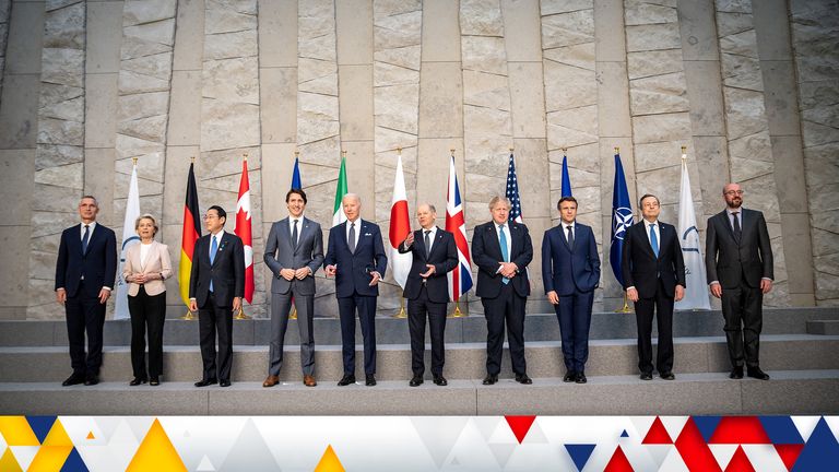 G7 leaders pose for a photo during a NATO summit in Brussels on 24 March 