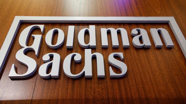 The Goldman Sachs company logo is on the floor of the New York Stock Exchange (NYSE) in New York City
