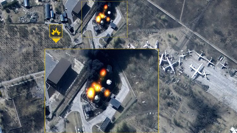 Satellite images of buildings at Hostomel airport, near Kyiv, were pictured on fire on Friday