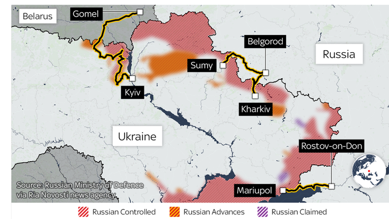 These are four of the propsed humanitarian corridors from Ukrainian cities to locations in Russia and Belarus.  Two more routes to other cities within Ukraine were also proposed