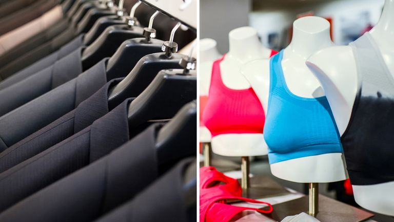 Row of men&#39;s suits and sports bras