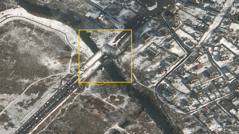 A satellite image shows a damaged bridge over the river in Irpin Pic: ©2022 Maxar Technologies