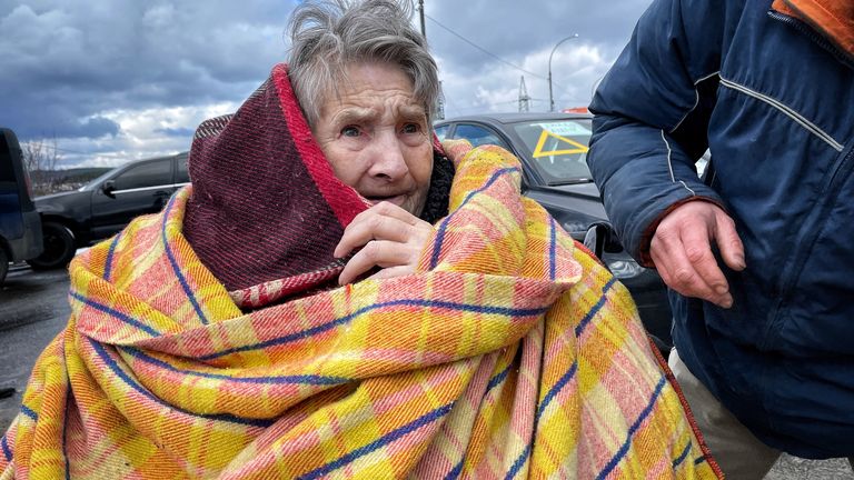Pictures for Alex Crawford Piece/blog - 
Irpin evacuations
Picture : We saw utterly heartbreaking scenes as elderly women trembled, shocked children cried and newborn babies were helped over wooden planks covering the gushing waters of the Irpin river.
Credit:  Chris Cunningham 