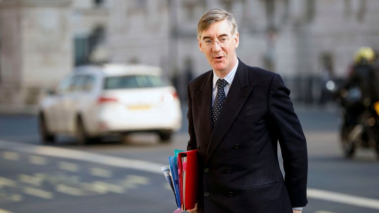 British Minister for Brexit Opportunities Jacob Rees-Mogg arrives at the Cabinet Office in Whitehall, in London, Britain, March 23, 2022. REUTERS/John Sibley
