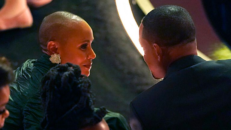 Jada Pinkett Smith, left, and Will Smith appear in the audience at the Oscars on Sunday, March 27, 2022, at the Dolby Theatre in Los Angeles. (AP Photo/Chris Pizzello)