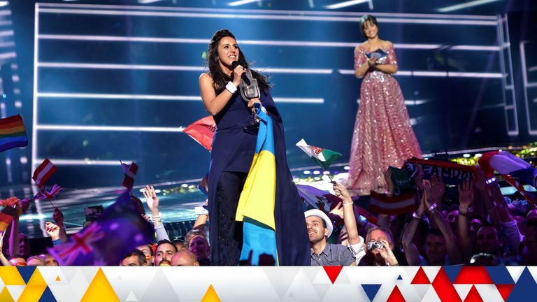 Ukraine&#39;s Jamala reacts on winning the Eurovision Song Contest final at the Ericsson Globe Arena in Stockholm, Sweden, May 14, 2016. TT News Agency/Maja Suslin/via REUTERS ?ATTENTION EDITORS - THIS IMAGE WAS PROVIDED BY A THIRD PARTY. FOR EDITORIAL USE ONLY. SWEDEN OUT. NO COMMERCIAL OR EDITORIAL SALES IN SWEDEN.