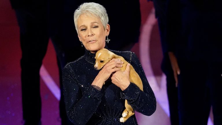 Jamie Lee Curtis holds a puppy in honor of Betty White during an In Memoriam tribute at the Oscars on Sunday, March 27, 2022, at the Dolby Theatre in Los Angeles. (AP Photo/Chris Pizzello)