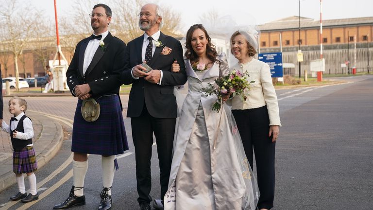 Stella Moris outside after her wedding ceremony 