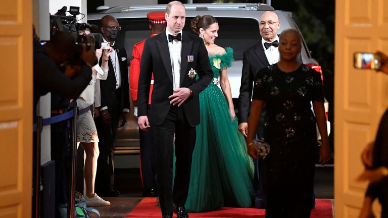 Britain&#39;s Prince William and Catherine, Duchess of Cambridge, arrive for a dinner hosted by the Governor General of Jamaica Patrick Allen and his wife Patricia on the fifth day of their tour of the Caribbean, Kingston, Jamaica, March 23, 2022. REUTERS/Toby Melville/Pool