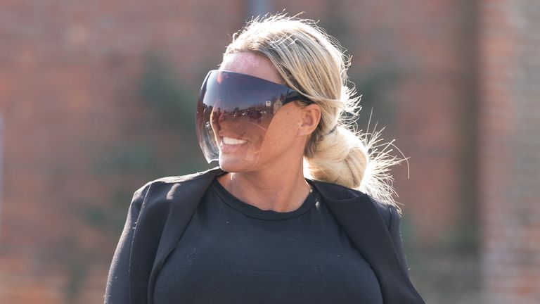 Katie Price outside Colchester Magistrates&#39; Court, Essex where partner Carl Woods appeared charged under Section 4 of the Public Order Act. Picture date: Wednesday March 23, 2022.