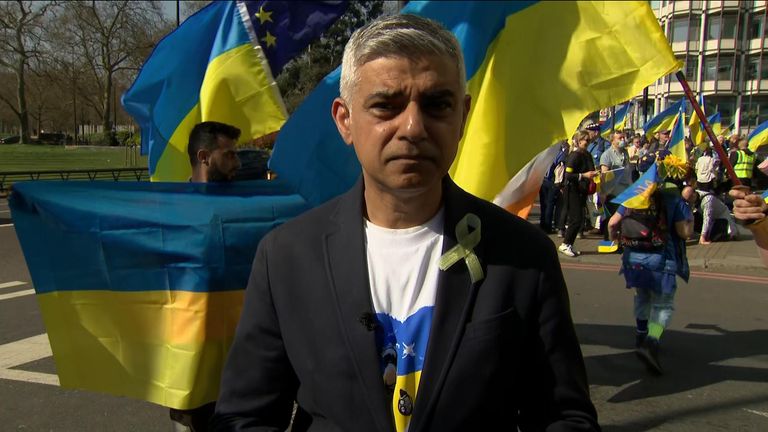 The mayor of London was speaking as thousands turn out in London to march in support of Ukraine.