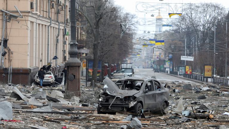 A view shows the area near the regional administration building, which city officials said was hit by a missile attack, in central Kharkiv, Ukraine, March 1, 2022. REUTERS/Vyacheslav Madiyevskyy TPX IMAGES OF THE DAY
