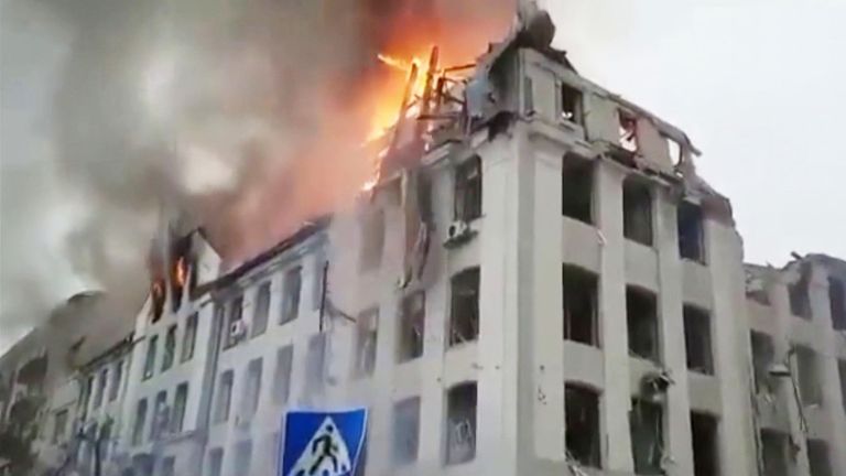 A university building crumbles in Kharkiv, Ukraine after an explosive strive