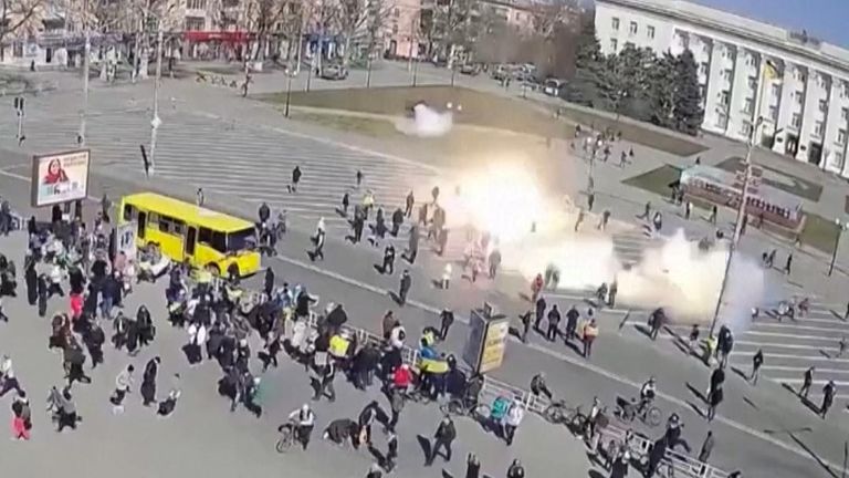 Russian troops appeared to fire on protesters in the southern Ukrainian city of Kherson with CCTV showing protesters dispersing.