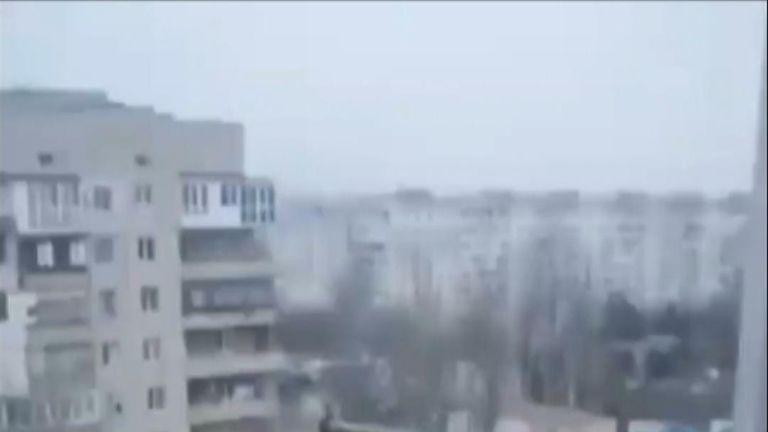 Footage from Kherson, southern Ukraine, appears to show military vehicles and troops moving amid reports of ongoing fighting between Russian and Ukrainian forces