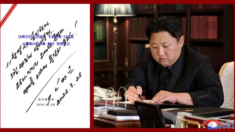 A combination photo shows North Korean leader Kim Jong Un signing the order to test fire what state media report is a "new type" of intercontinental ballistic missile (ICBM) and a view of the order signed
