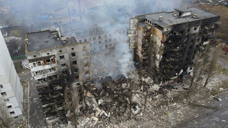 A residential building was destroyed by shelling in Borodyanka, northwest of Kyiv
