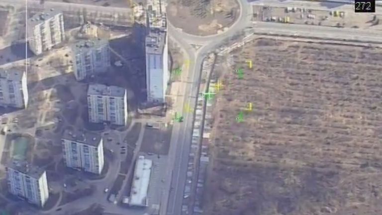 The drone footage apparently follows the rocket launcher around Kyiv. Pic: Russian defence ministry