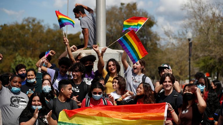 Hillsborough High School students protest a Republican-backed bill dubbed the "Don&#39;t Say Gay" that would prohibit classroom discussion of sexual orientation and gender identity, a measure Democrats denounced as being anti-LGBTQ, in Tampa, Florida, U.S., March 3, 2022. REUTERS/Octavio Jones