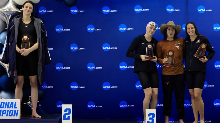 ATLANTA, GEORGIA - MARCH 17: Transgender woman Lia Thomas (L) of the University of Pennsylvania stands on the podium after winning the 500-yard freestyle as other medalists (L-R) Emma Weyant, Erica Sullivan and Brooke Forde pose for a photo at the NCAA Division I Women&#39;s Swimming & Diving Championshipon March 17, 2022 in Atlanta, Georgia. (Photo by Justin Casterline/Getty Images)
