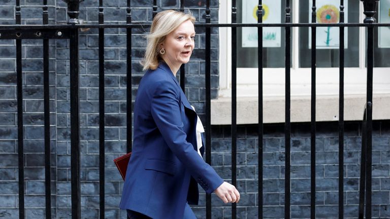 İngiltere Dışişleri Bakanı Liz Truss 23 Mart 2022'de Londra'da Downing Caddesi'nin önünde yürüyor. REUTERS/Peter Cziborra
