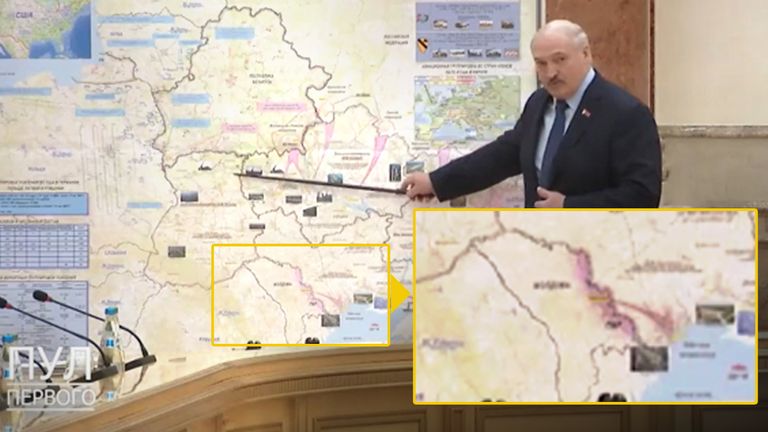 A map used by Lukashenko appears to show movement in the Moldovan region of Transnistria
