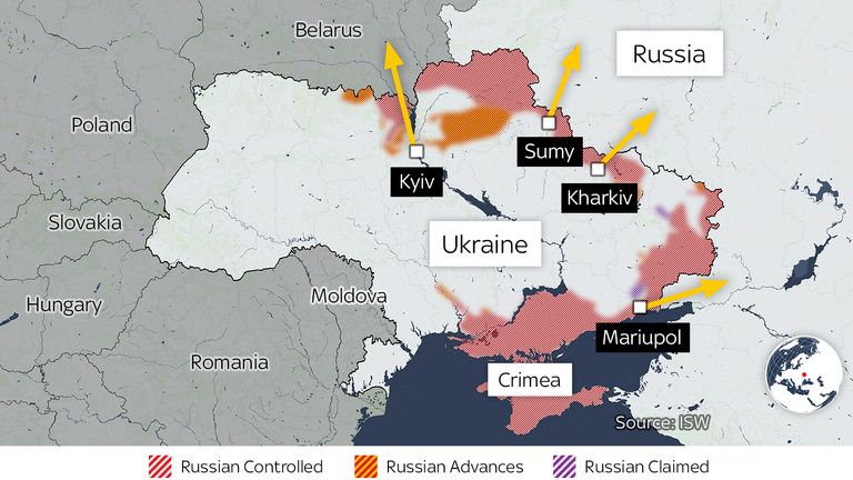 This map shows the humanitarian corridors suggested by Russia